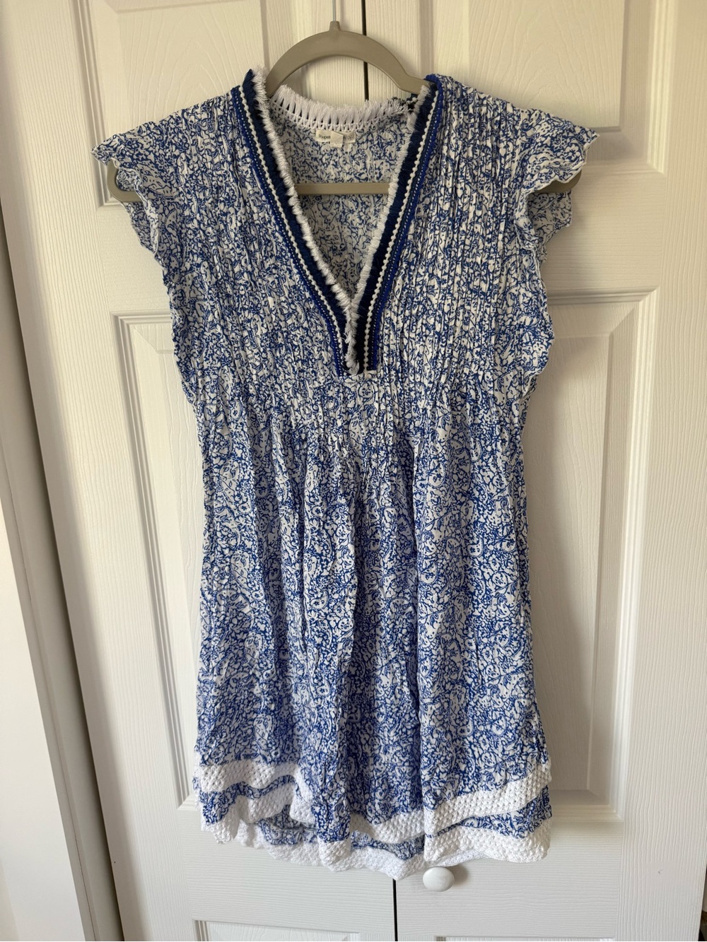 Poupette St. Barth Blue and White Floral Smocked V-Neck Dress